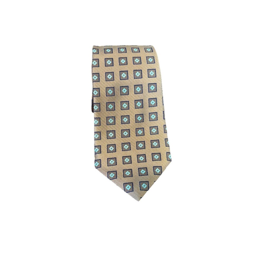 Vintage JHANE BARNES Silk Tie Gold Navy Aqua Geometric Fractal‎ 90s Designer